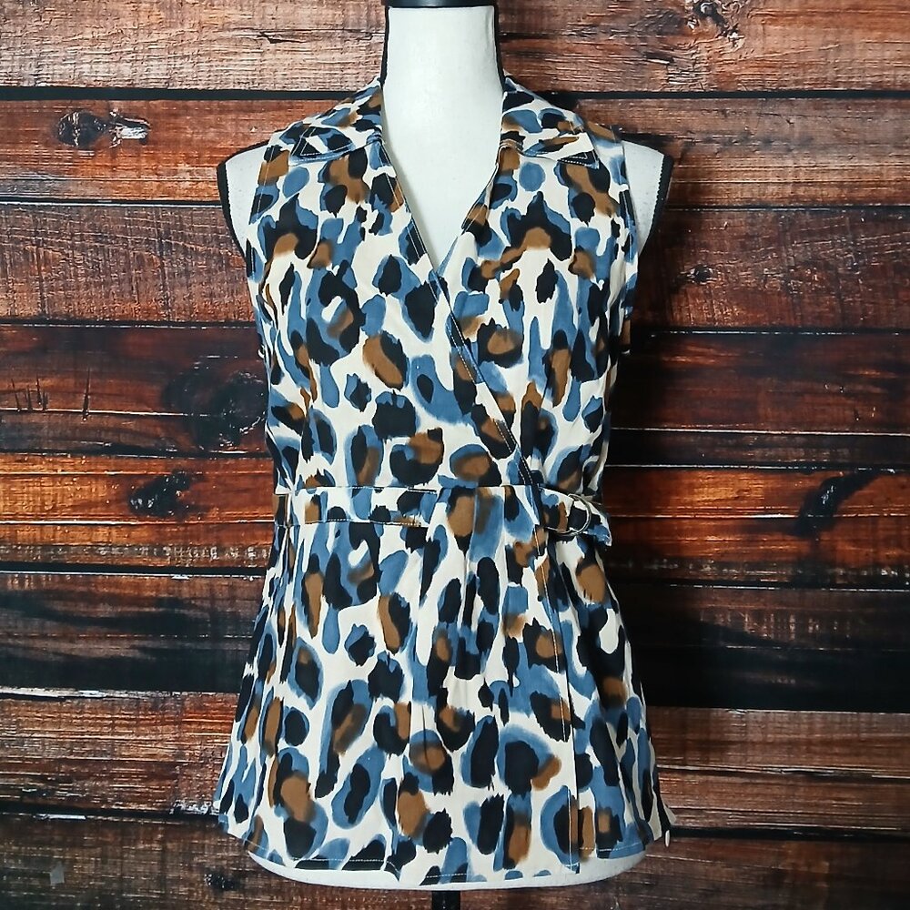 NWT Valerie Bertinelli Top S Linen Blend Side Zip Faux Wrap Buckle Brush Stroke